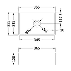 [BCCT279] Balterley Nova Rectangular Countertop Vessel Basin for Modern Bathroom Vanity, Vitreous China, Matt White, 365 mm - Technical Drawing