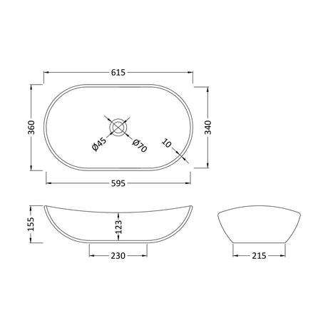 [BCCT359] Balterley Nova Oval Countertop Vessel Basin for Bathroom & Cloakroom, Ceramic Fireclay, Matt Grey, 615 x 360 x 155 mm - Technical Drawing