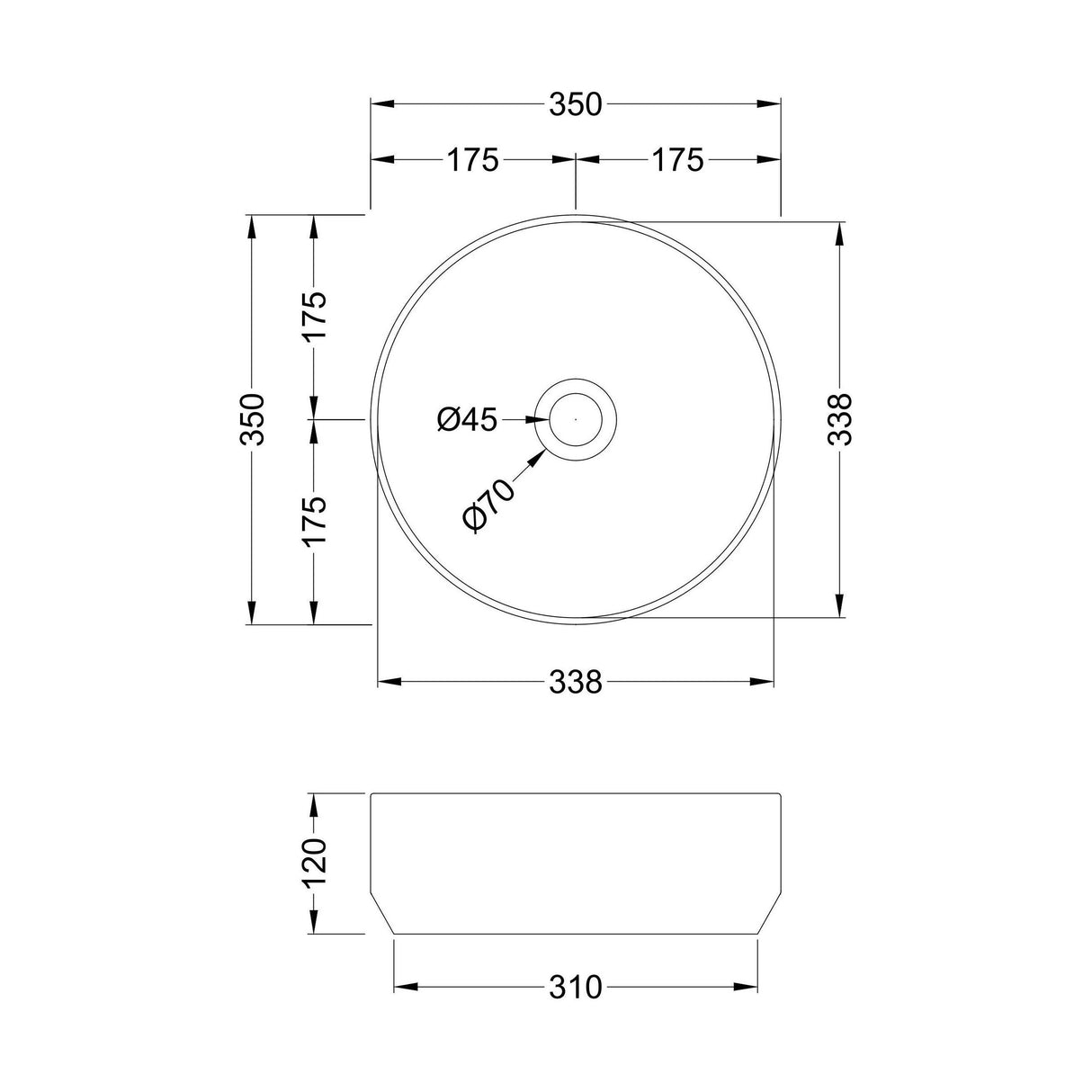 [BCCT362] Balterley Nova Round Countertop Vessel Basin for Bathroom & Cloakroom, Ceramic Fireclay, Matt Grey, 350 x 350 x 120 mm - Technical Drawing
