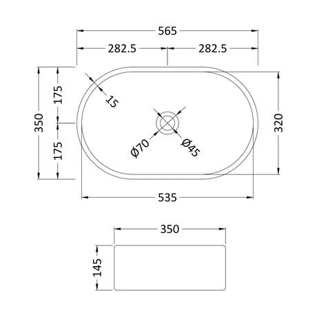 [BCCT369] Balterley Nova Oval Countertop Vessel Basin for Bathroom & Cloakroom, Ceramic Fireclay, Matt Grey, 565 x 350 x 145 mm - Technical Drawing