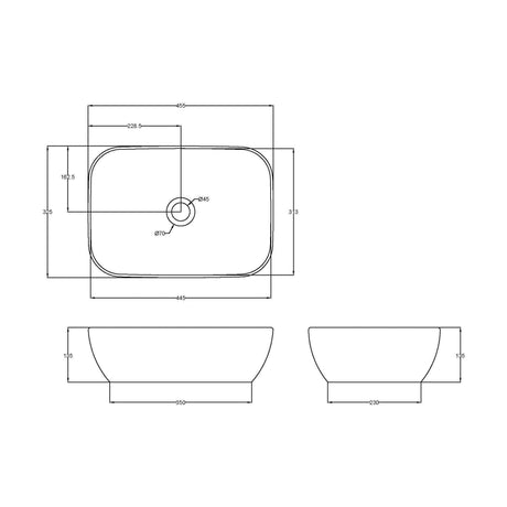 [BCCT458] Balterley Nova Soft Square Countertop Vessel Basin for Bathroom, Durable Ceramic Fireclay, Matt Black, 455 x 325 x 135 mm - Technical Drawing