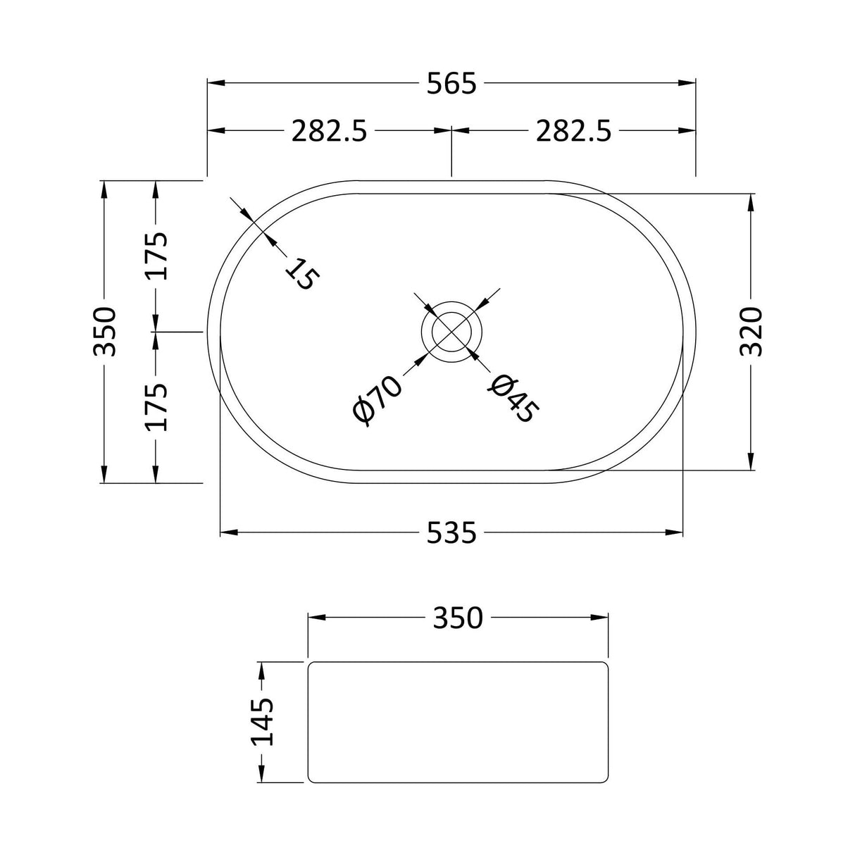 [BCCT469] Contemporary Oval Countertop Basin Vessel, 350 x 565 x 145mm, Choice of Colour - Technical Drawing