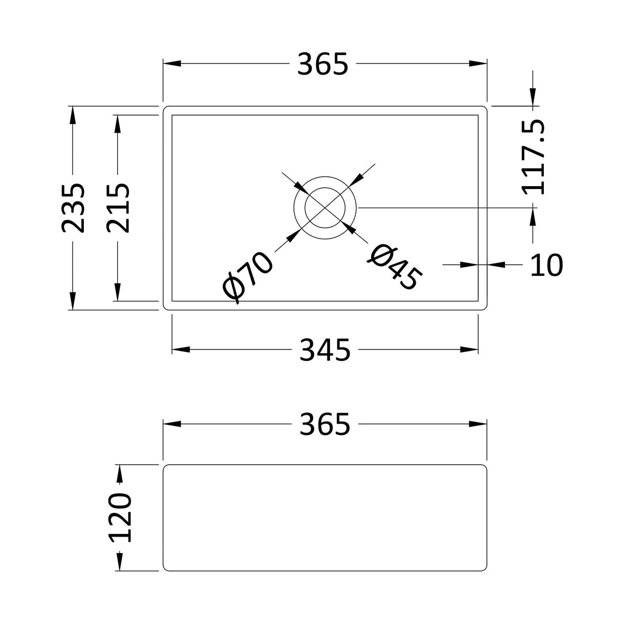 [BCCT479] Balterley Nova Rectangular Countertop Vessel Basin for Modern Bathroom & Cloakroom, Ceramic Fireclay, Matt Black, 365 mm - Technical Drawing