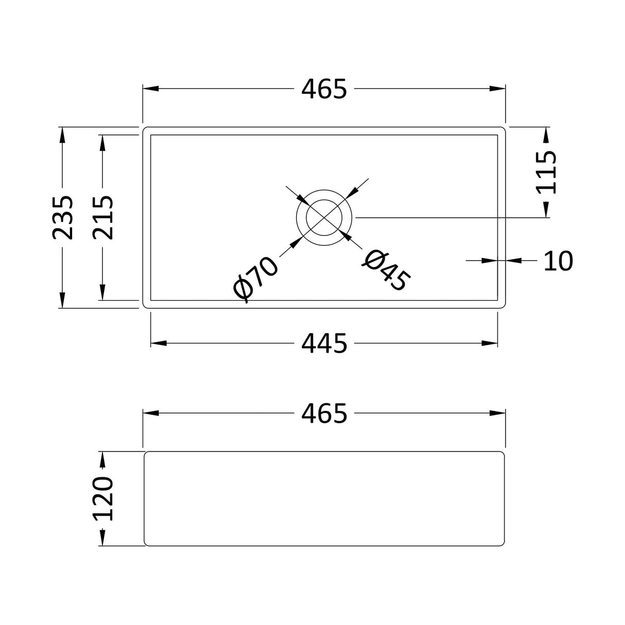 [BCCT480] Balterley Nova Rectangular Countertop Vessel Basin for Modern Bathroom & Cloakroom, Ceramic Fireclay, Matt Black, 465 mm - Technical Drawing