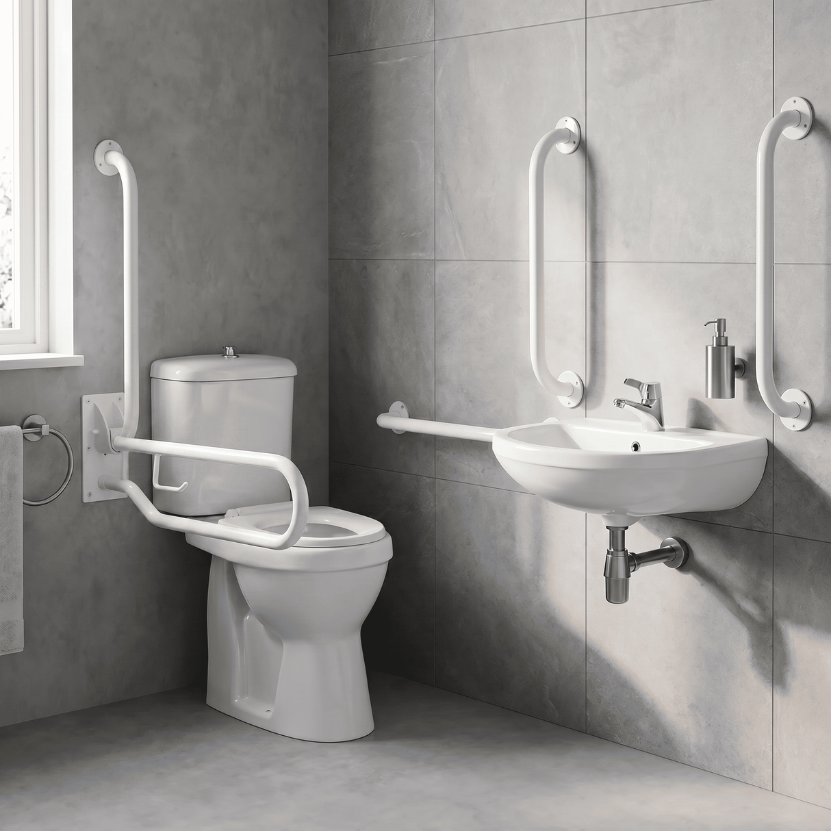 [BCDOC001] Balterley Accessible Pack: Comfort Height Toilet Pan with Cistern, Wall Hung Basin & Accessories - White - Lifestyle 1