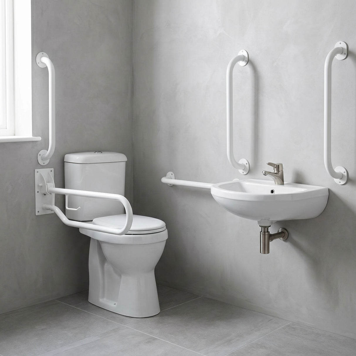 [BCDOC001] Balterley Accessible Pack: Comfort Height Toilet Pan with Cistern, Wall Hung Basin & Accessories - White - Lifestyle 2