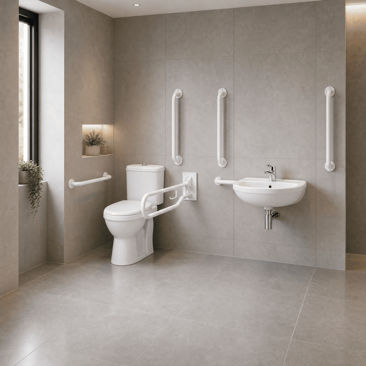 [BCDOC001] Balterley Accessible Pack: Comfort Height Toilet Pan with Cistern, Wall Hung Basin & Accessories - White - Lifestyle 3
