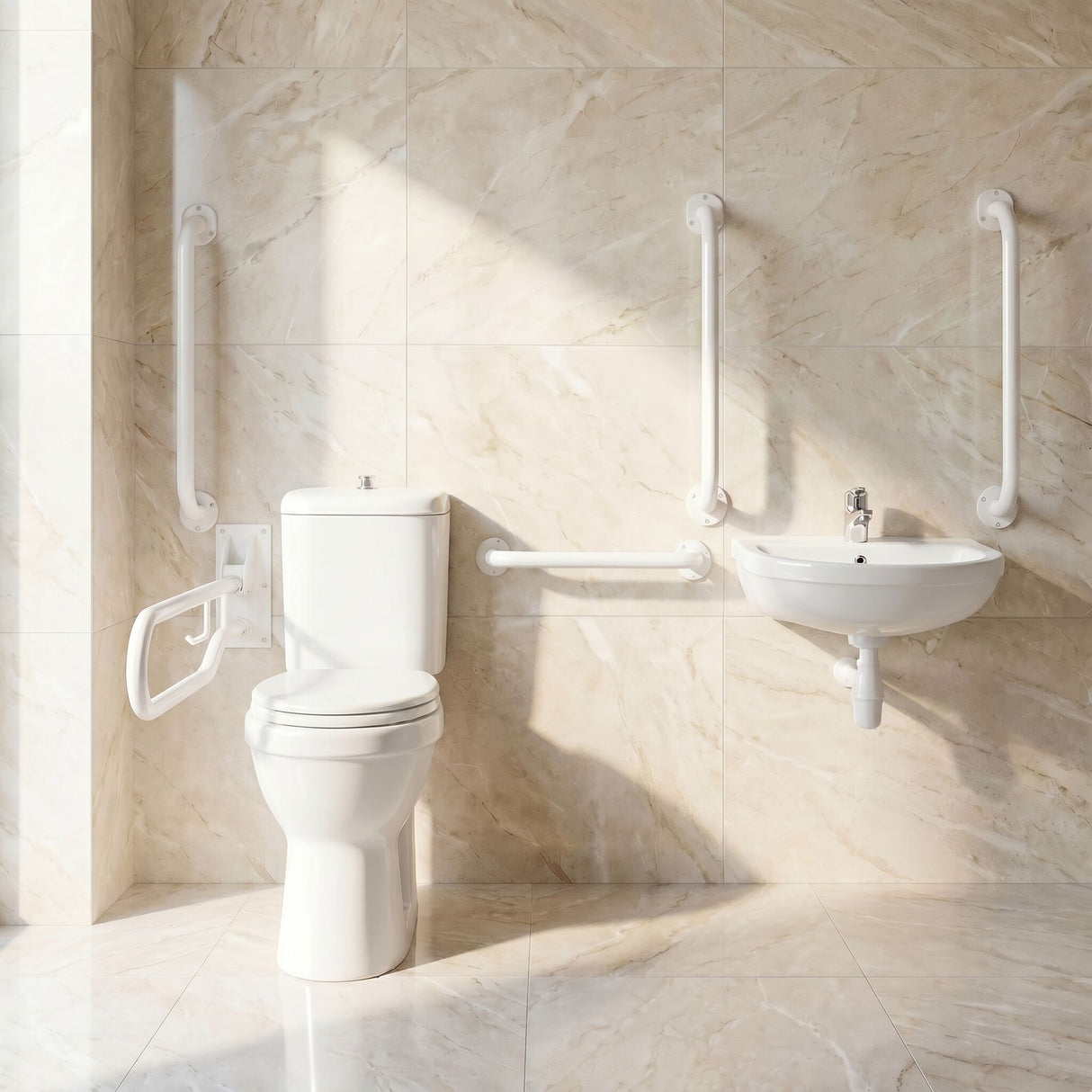 [BCDOC001] Balterley Accessible Pack: Comfort Height Toilet Pan with Cistern, Wall Hung Basin & Accessories - White - Silo