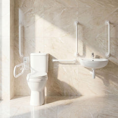 [BCDOC001] Balterley Accessible Pack: Comfort Height Toilet Pan with Cistern, Wall Hung Basin & Accessories - White - Silo