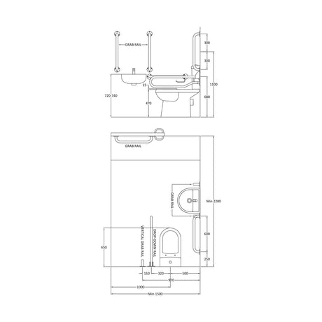 [BCDOC002] Balterley Accessible Pack: Comfort Height Toilet Pan with Cistern, Wall Hung Basin & Accessories - Blue - Technical Drawing