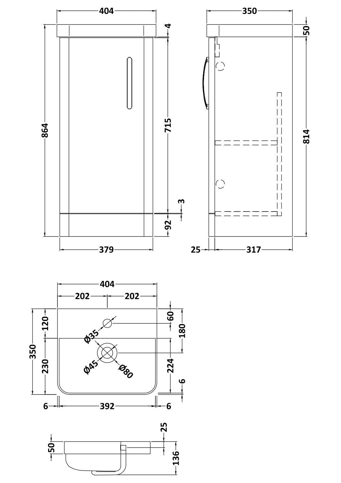 [BCDRF40AB] Handsacre Contemporary 1 Door Floor Standing Vanity Unit with Basin - Choice of Colour - Technical Drawing