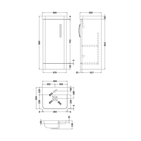 [BCDRF40GR] Handsacre Contemporary 1 Door Floor Standing Vanity Unit with Basin, Gloss Grey, 400mm - Technical Drawing