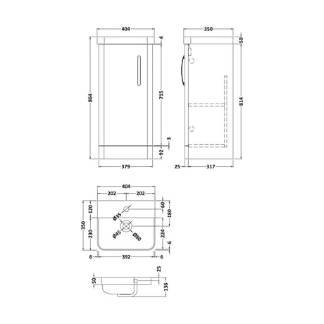 [BCDRF40WH] Handsacre Contemporary 1 Door Floor Standing Vanity Unit with Basin, Gloss White, 400mm - Technical Drawing