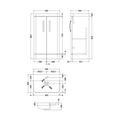[BCDRF50AB] Handsacre Contemporary 2 Door Floor Standing Vanity Unit with Basin, Satin Blue, 500mm - Technical Drawing