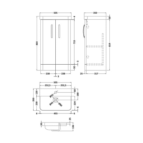 [BCDRF50GR] Handsacre Contemporary 2 Door Floor Standing Vanity Unit with Basin, Gloss Grey, 500mm - Technical Drawing