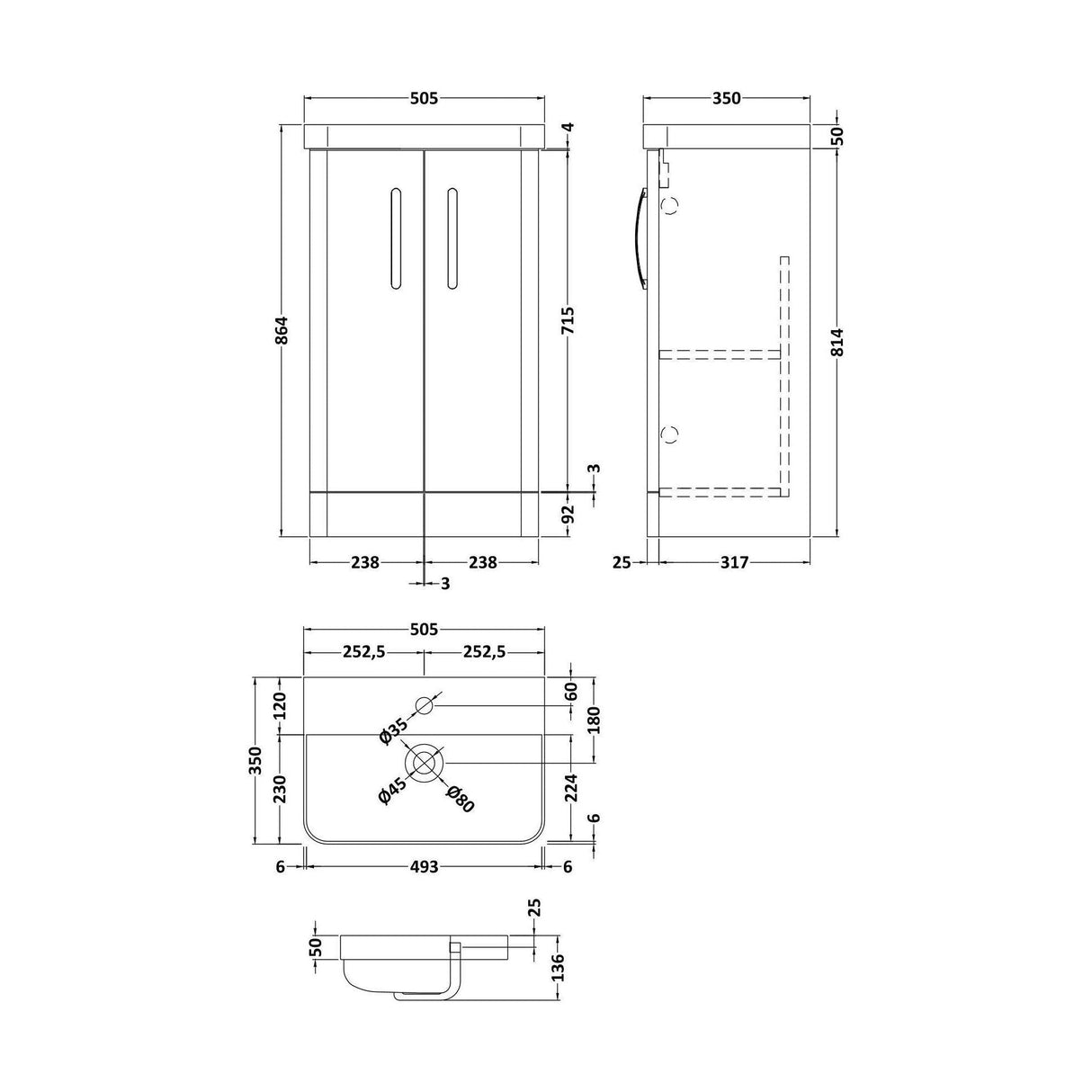 [BCDRF50GR] Handsacre Contemporary 2 Door Floor Standing Vanity Unit with Basin - Choice of Size and Colour - Technical Drawing