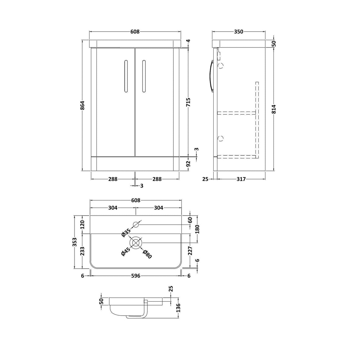[BCDRF60WH] Handsacre Contemporary 2 Door Floor Standing Vanity Unit with Basin - Choice of Size and Colour - Technical Drawing