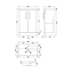 [BCDRF60WH] Handsacre Contemporary 2 Door Floor Standing Vanity Unit with Basin - Choice of Size and Colour - Technical Drawing