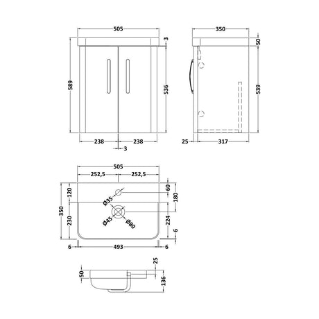[BCDRW50GR] Handsacre Contemporary 2 Door Wall Hung Vanity Unit with Basin, Gloss Grey, 500mm - Technical Drawing