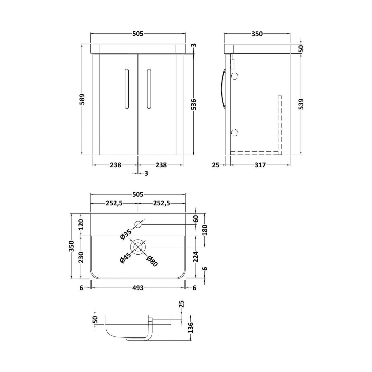 [BCDRW50WH] Handsacre Contemporary 2 Door Wall Hung Vanity Unit with Basin - Choice of Size and Colour - Technical Drawing