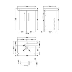 [BCDRW50WH] Handsacre Contemporary 2 Door Wall Hung Vanity Unit with Basin - Choice of Size and Colour - Technical Drawing