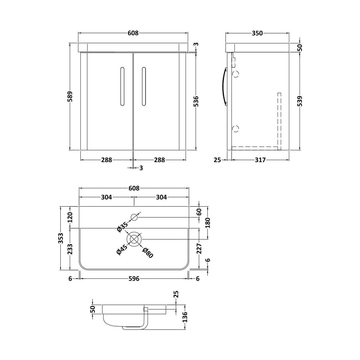 [BCDRW60AB] Handsacre Contemporary 2 Door Wall Hung Vanity Unit with Basin - Choice of Size and Colour - Technical Drawing
