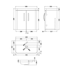 [BCDRW60WH] Handsacre Contemporary 2 Door Wall Hung Vanity Unit with Basin - Choice of Size and Colour - Technical Drawing