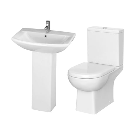 [BCDS001] Stramshall Square Ceramic Bathroom Bundle - Close Coupled Toilet with Cistern, Soft-Close Seat & Basin with Full or Semi Pedestal (500mm or 600mm) - Cutout