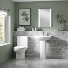 [BCDS001] Stramshall Square Ceramic Bathroom Bundle - Close Coupled Toilet with Cistern, Soft-Close Seat & Basin with Full or Semi Pedestal (500mm or 600mm) - Lifestyle 1