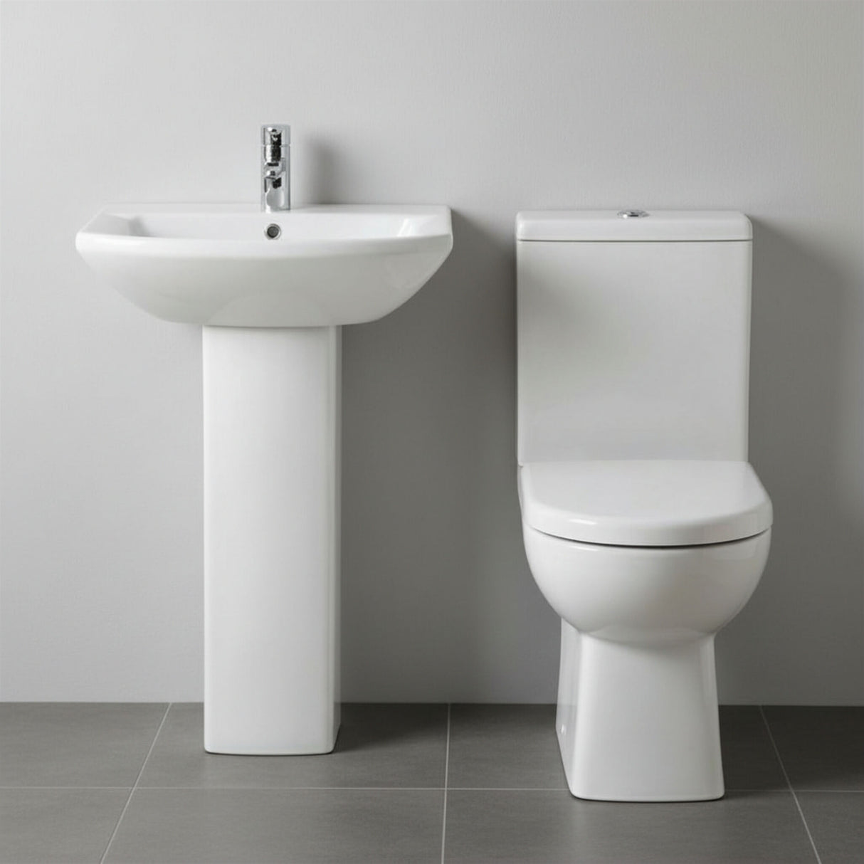 [BCDS001] Stramshall Square Ceramic Bathroom Bundle - Close Coupled Toilet with Cistern, Soft-Close Seat & Basin with Full or Semi Pedestal (500mm or 600mm) - Silo