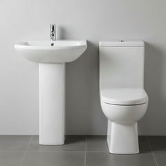 [BCDS001] Stramshall Square Ceramic Bathroom Bundle - Close Coupled Toilet with Cistern, Soft-Close Seat & Basin with Full or Semi Pedestal (500mm or 600mm) - Silo
