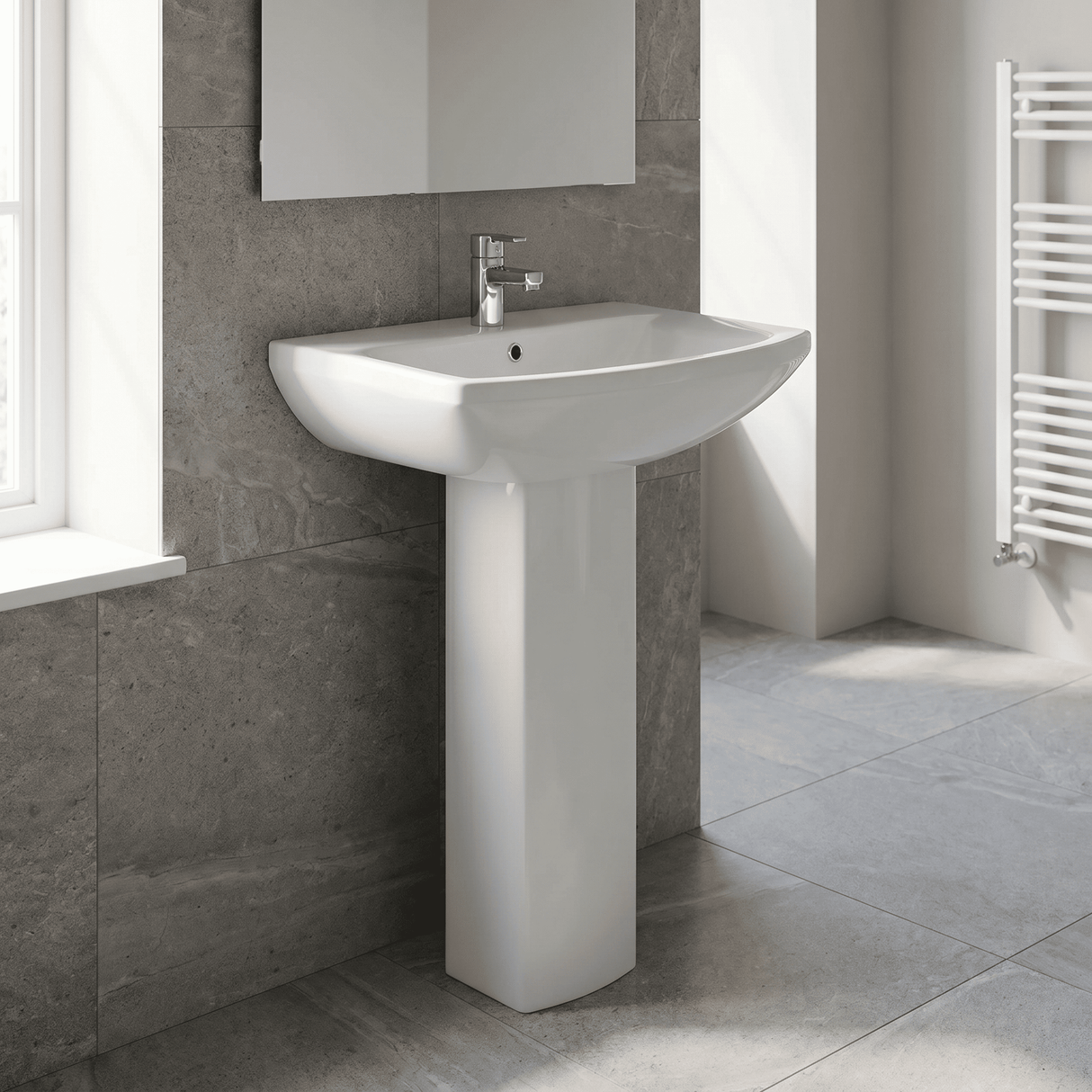 [BCDS002] Stramshall Modern White Square 1 Tap Hole Bathroom Basin & Full Pedestal - 600mm - Lifestyle 1