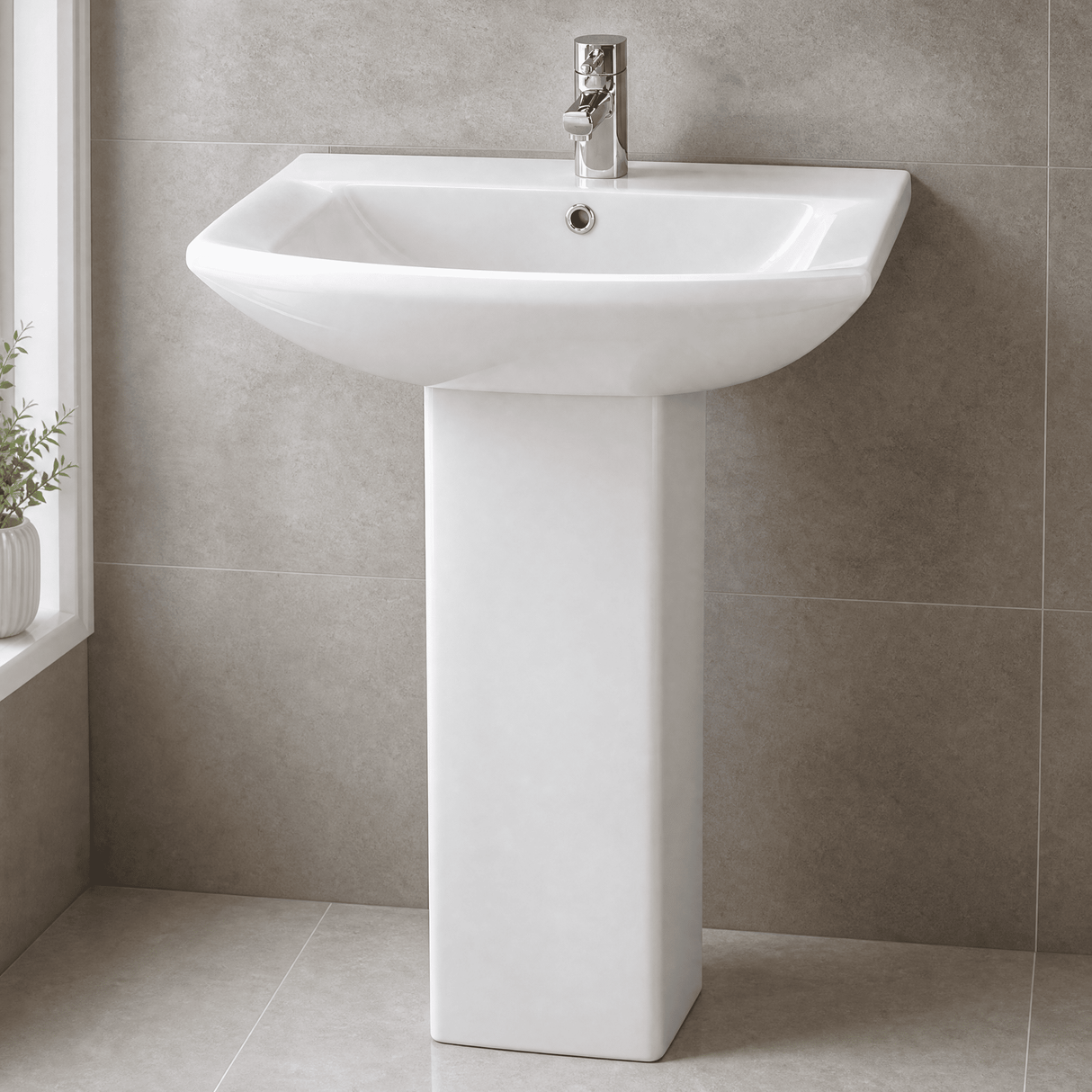 [BCDS002] Stramshall Modern White Square 1 Tap Hole Bathroom Basin & Full Pedestal - 600mm - Lifestyle 2