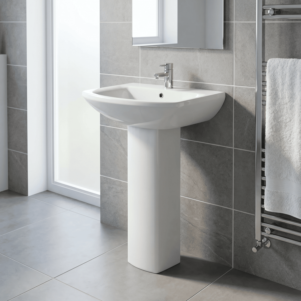 [BCDS002] Stramshall Modern White Square 1 Tap Hole Bathroom Basin & Full Pedestal - 600mm - Lifestyle 3