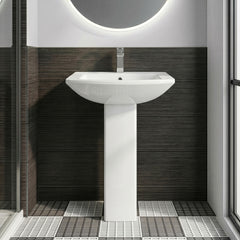 [BCDS002] Stramshall Modern White Square 1 Tap Hole Bathroom Basin & Full Pedestal - 600mm - Silo