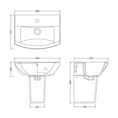 [BCDS003] Stramshall Modern White 1 Tap Hole Bathroom Basin & Semi Pedestal - 500mm - Technical Drawing