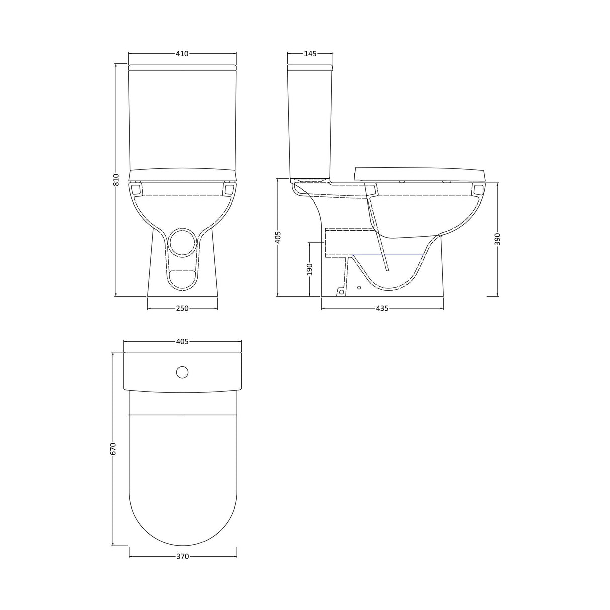 [BCDS004] Modern Bathroom Close Coupled Toilet , 810mm x 400mm, White - Technical Drawing