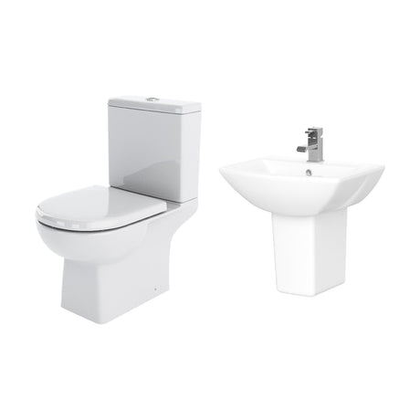 [BCDS005] Stramshall Square Ceramic Bathroom Bundle - Close Coupled Toilet with Cistern, Soft-Close Seat & Basin with Full or Semi Pedestal (500mm or 600mm) - Cutout