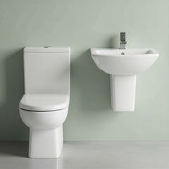 [BCDS005] Stramshall Square Ceramic Bathroom Bundle - Close Coupled Toilet with Cistern, Soft-Close Seat & Basin with Full or Semi Pedestal (500mm or 600mm) - Silo