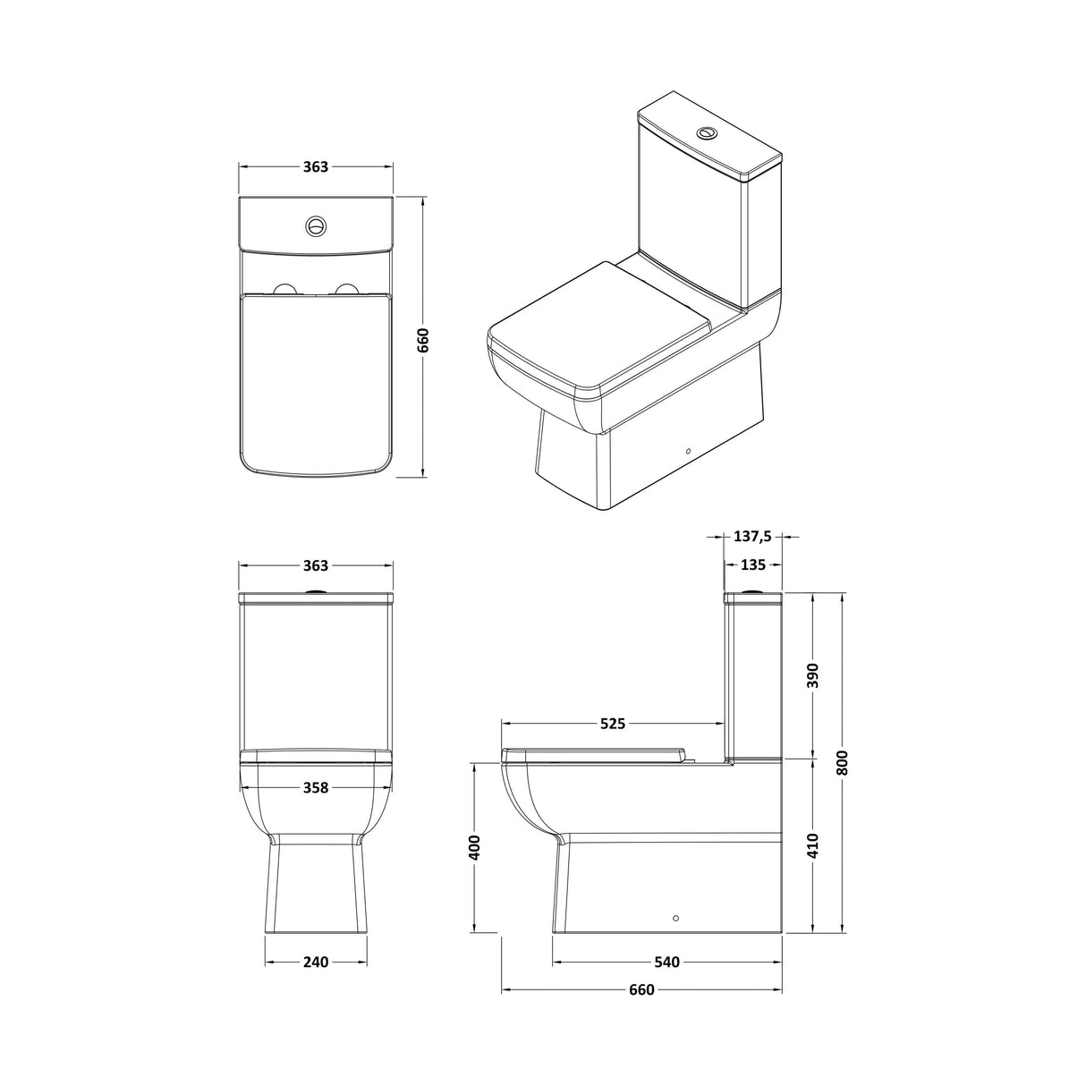 [BCET007] Grindon Contemporary Square Rimless Toilet Pan and Cistern - 800 x 363 x 660mm - Technical Drawing