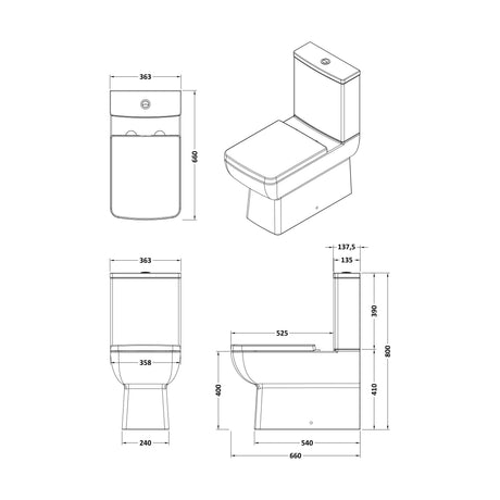 [BCET007] Grindon Contemporary Square Rimless Toilet Pan and Cistern - 800 x 363 x 660mm - Technical Drawing