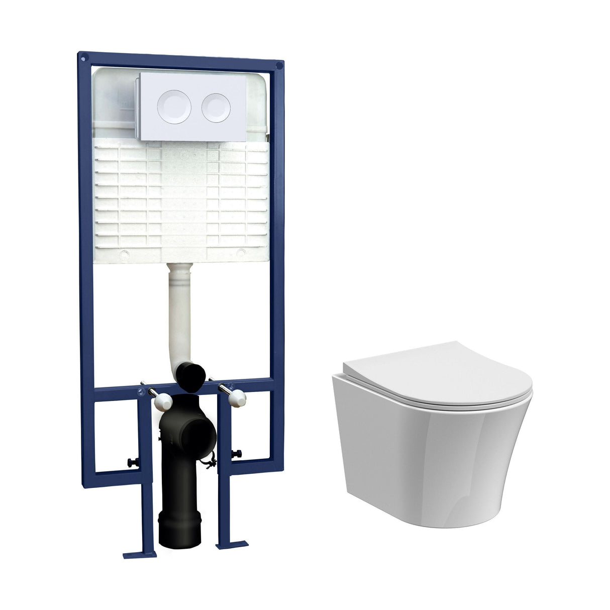 [BCFE002] Baswich Contemporary Round Wall Hung Toilet Pan and Seat with Concealed Cistern and Flush Plate with Round Buttons - White - Cutout