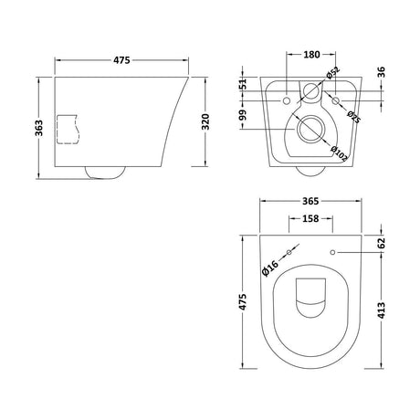 [BCFE002] Baswich Contemporary Round Wall Hung Toilet Pan and Seat with Concealed Cistern and Flush Plate with Round Buttons - White - Technical Drawing