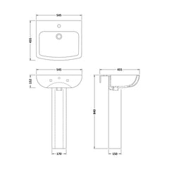 [BCFR400] Hilderstone Modern 1 Tap Hole Basin and Pedestal - 545mm - Technical Drawing