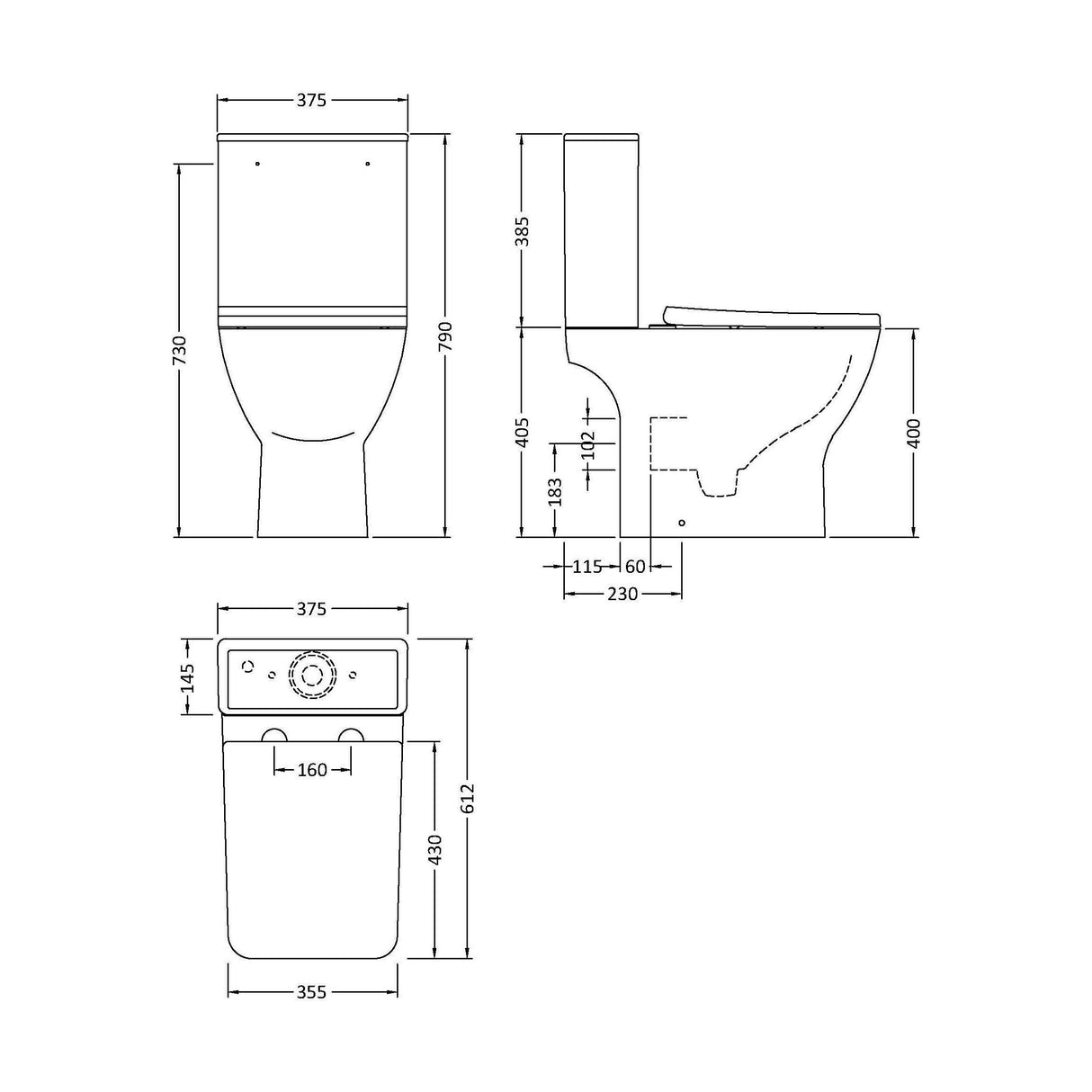 [BCFR450] Hilderstone Modern Close Coupled Toilet with Soft Close Seat - Technical Drawing