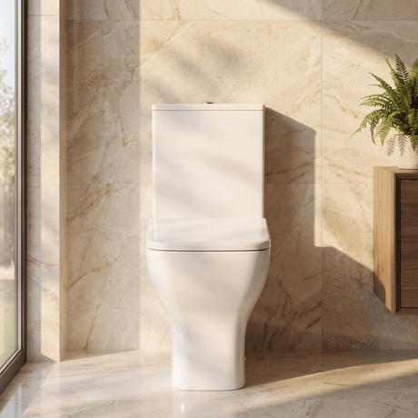 [BCFR451] Hilderstone Modern Rimless Flush to Wall Close Coupled Toilet and Soft Close Seat - Silo