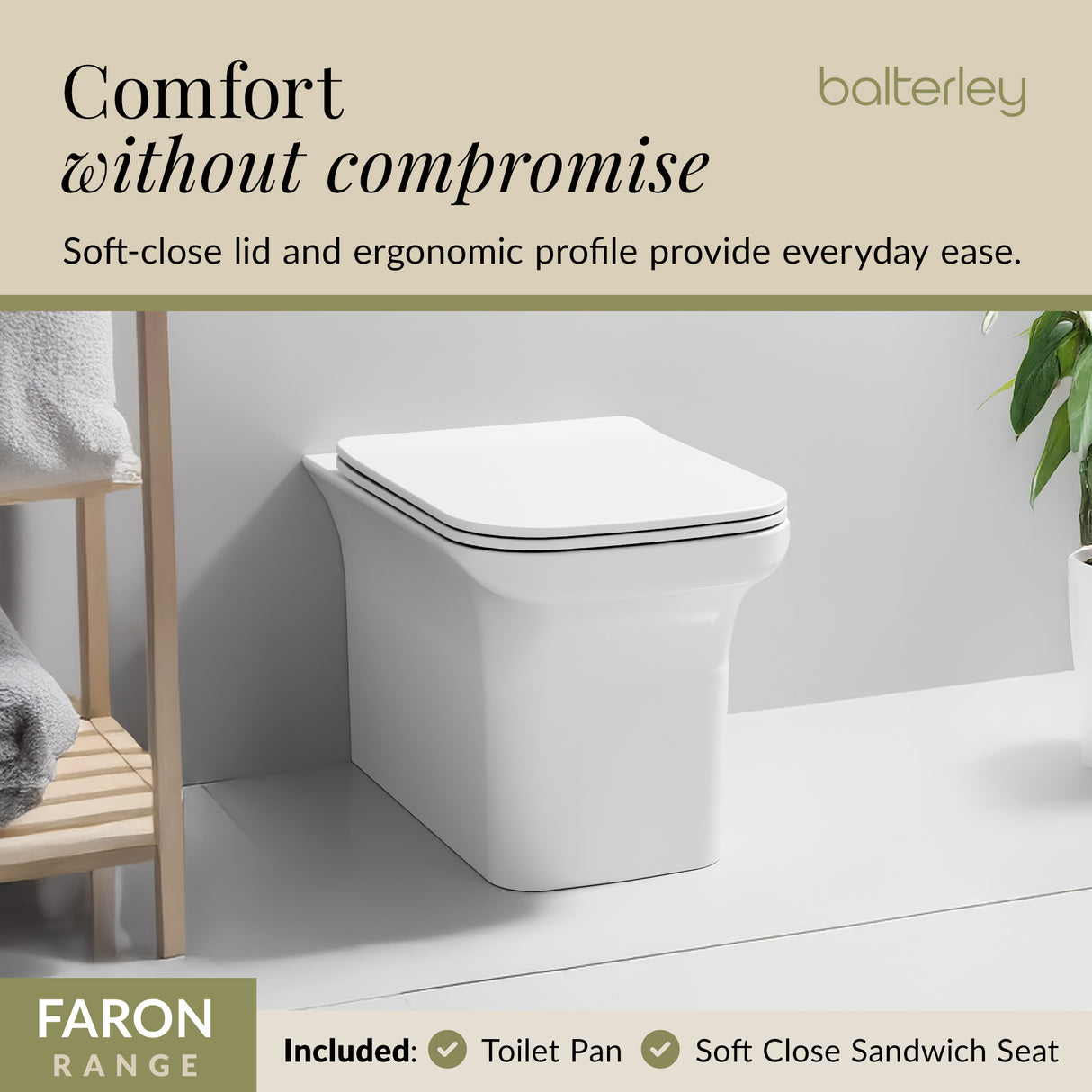 Square Back To Wall Toilet Pan with Soft Close Seat – White, 550mm Projection