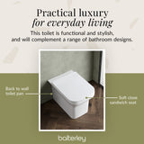 Square Back To Wall Toilet Pan with Soft Close Seat – White, 550mm Projection