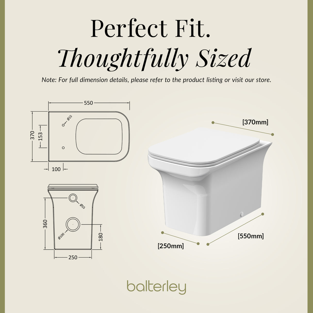 Square Back To Wall Toilet Pan with Soft Close Seat – White, 550mm Projection