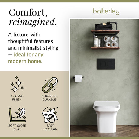 Square Back To Wall Toilet Pan with Soft Close Seat – White, 550mm Projection